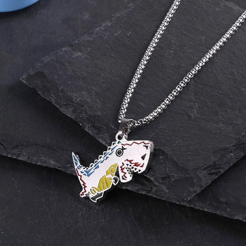 

Funny Anime Dinosaur Necklace for Men Women Rainbow Cartoon Animal Pendant Necklace Hip Hop Stainless Steel Chain Necklace Gifts