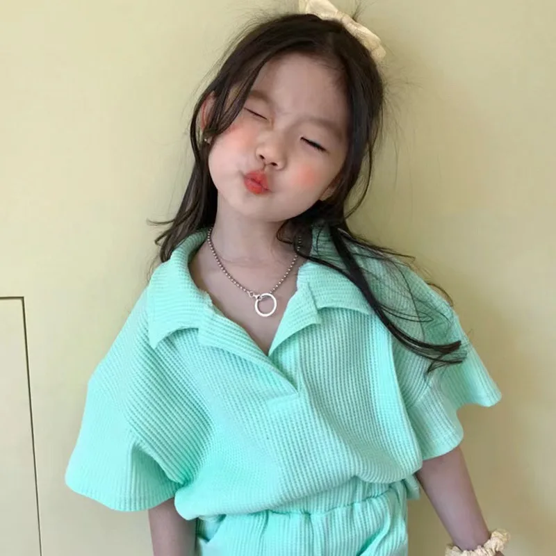 

2022 Summer New Fashion Kids Suits Korean Style Neutral Style Knitted Lapel Shorts Suits Girls Boutique Clothing Simple Style