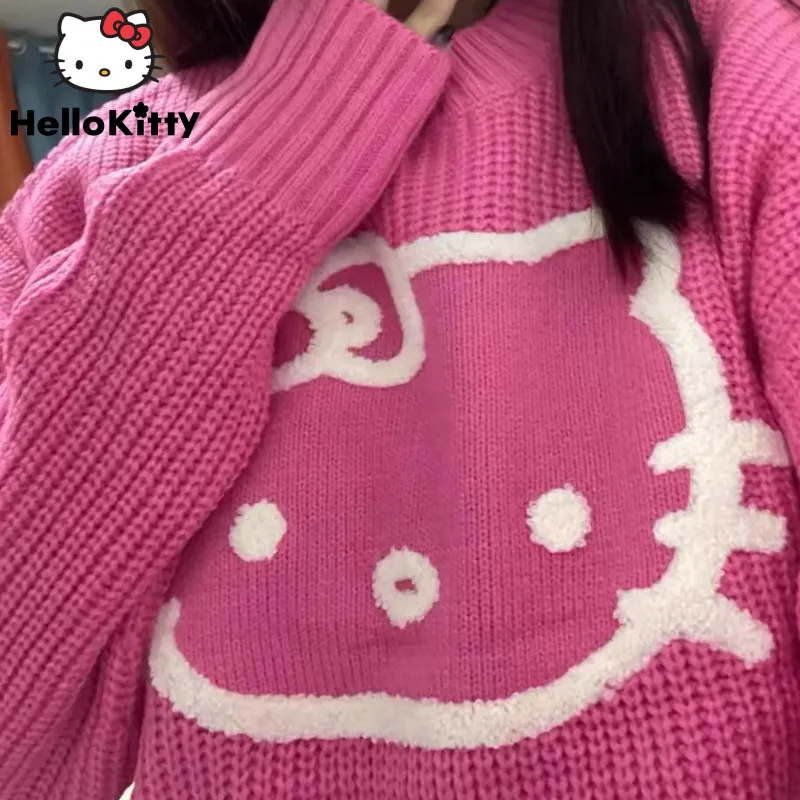 

Sanrio Hello Kitty Sweet Sweater Women Cartoon Fashion Knitted Crop Top Millennial Girl Slim Fit Short Pullover Aesthetic Shirt