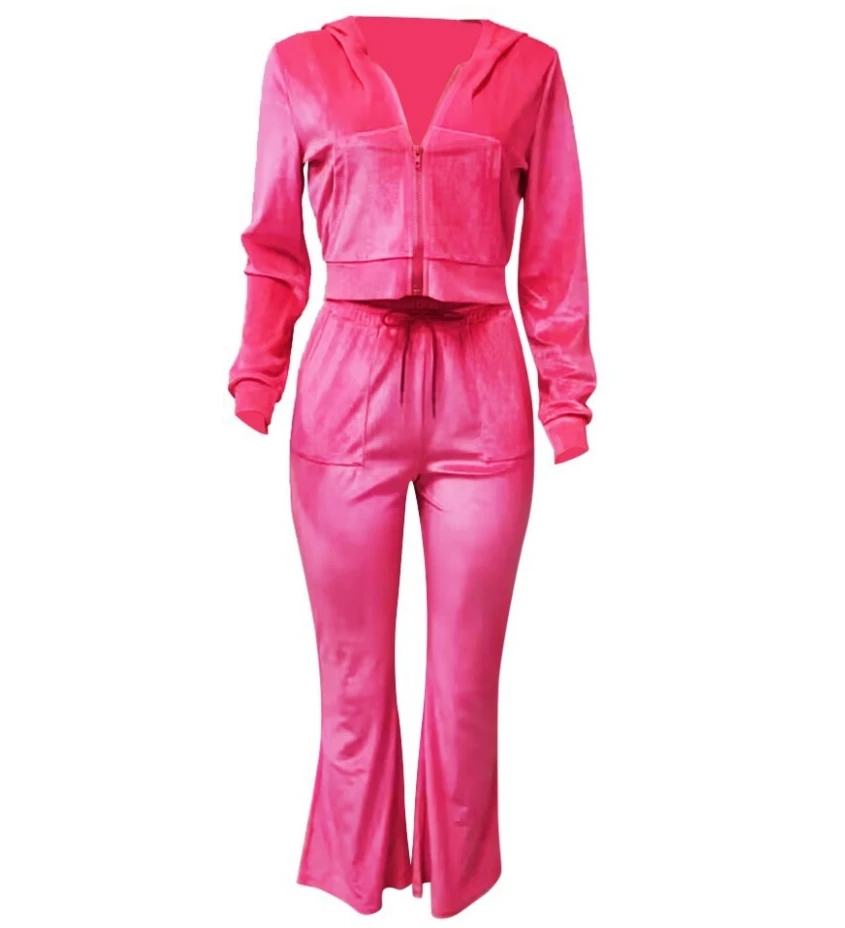 Golden Velvet Zipper Hooded Warm Casual Set