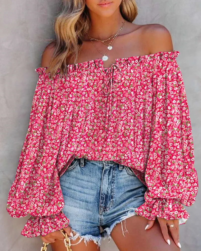 

Fashion Pink Ditsy Floral Print Off Shoulder Lantern Sleeve Top Tied Detail Daily Summer Women's Blouse Tops Mujer