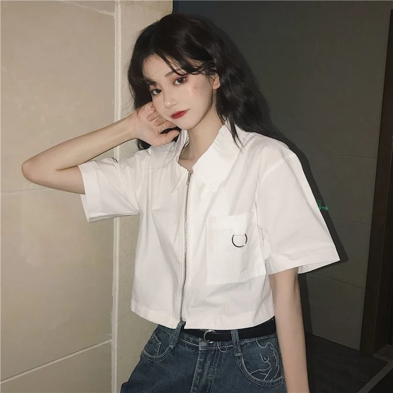 Korean Simple Pocket Zipper Casual Blouses Preppy Style All Match Thin Section Tops