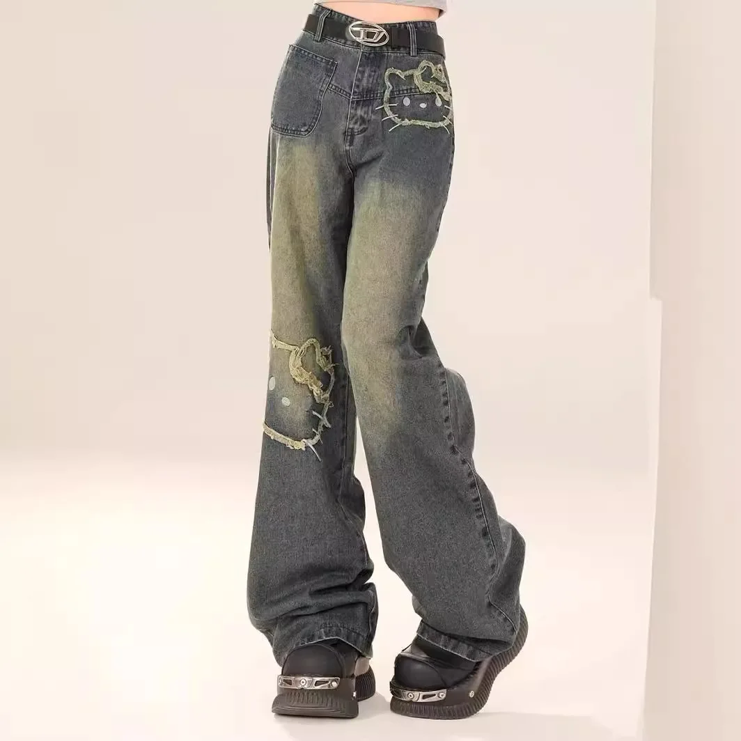 Sanrio Hello Kitty мультяшная версия уличная одежда джинсы женские винтажные синие