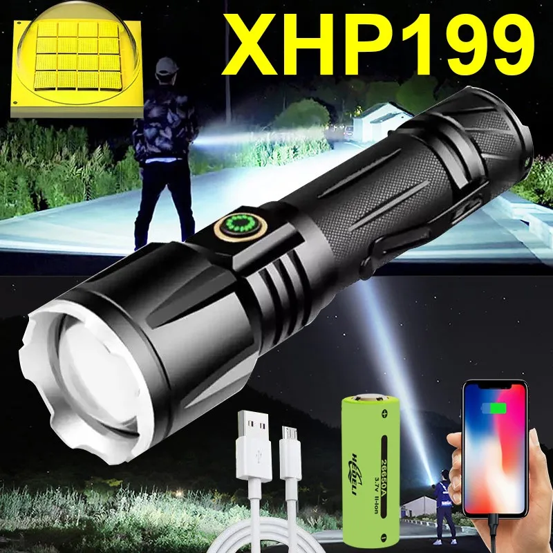 

New XHP199 Most Powerful LED Flashlight Torch USB Rechargeable XHP160 Tactical Flash Light 18650 Waterproof Zoomable Hand Lamp