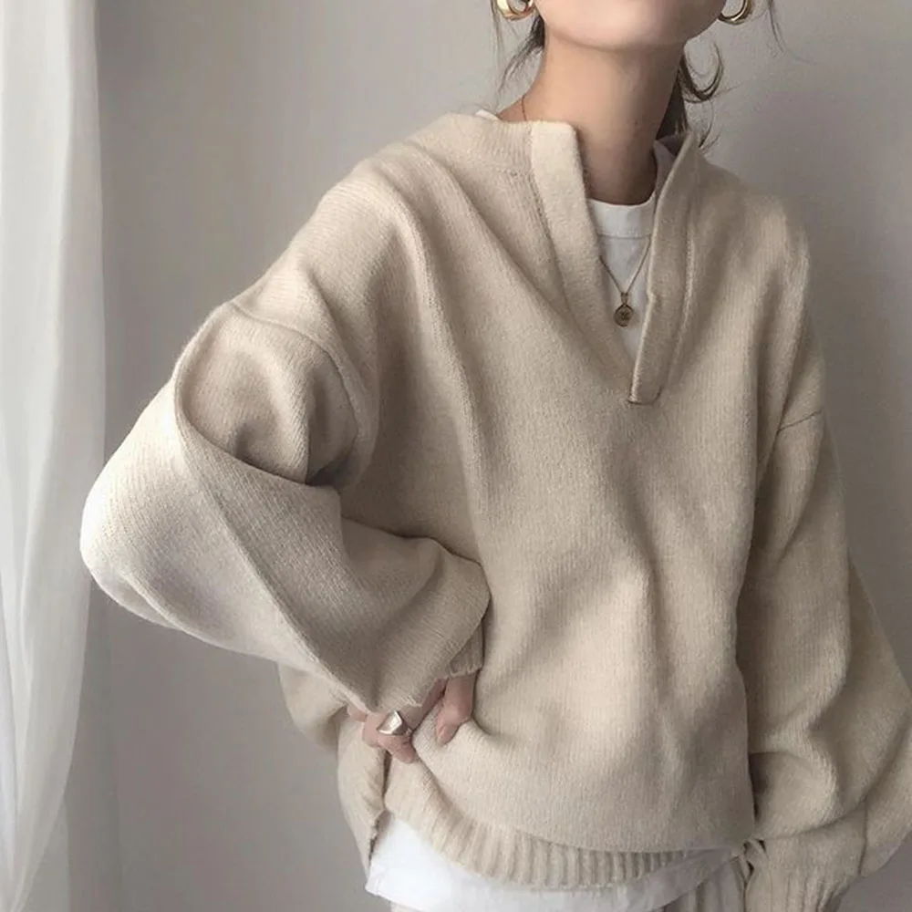 

Regular Thread Raglan Sleeve Loose Women's Sweater V Neck Oversize Casual Pullover Knitwear Apricot Youthful Sweet Girls Sweater