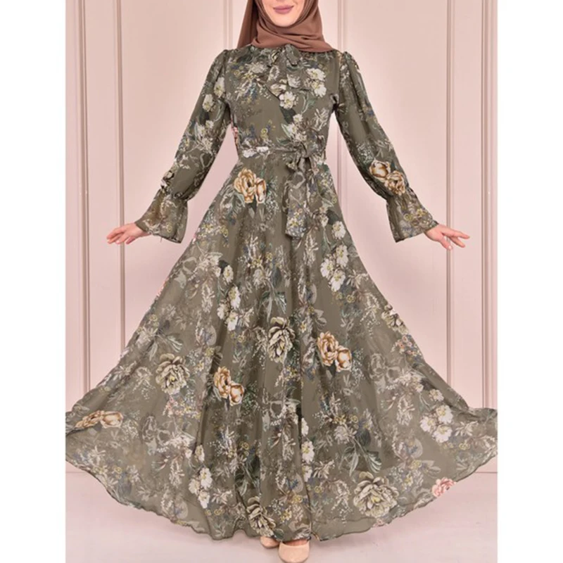 

2022 Vintage Spring Party Dresses New Women Floral Printed Maxi Long Dress Bow Neck Flare Sleeve Frill Muslim Islamic Clothes