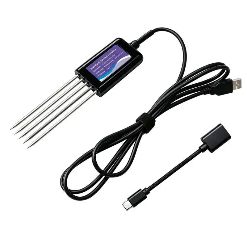 Фото AB42-Монитор почвы для сада и фермы, 8-в-1 USB-датчик-тестер для измерения pH, EC, влажности, температуры и плодородия для телефонов Android №1