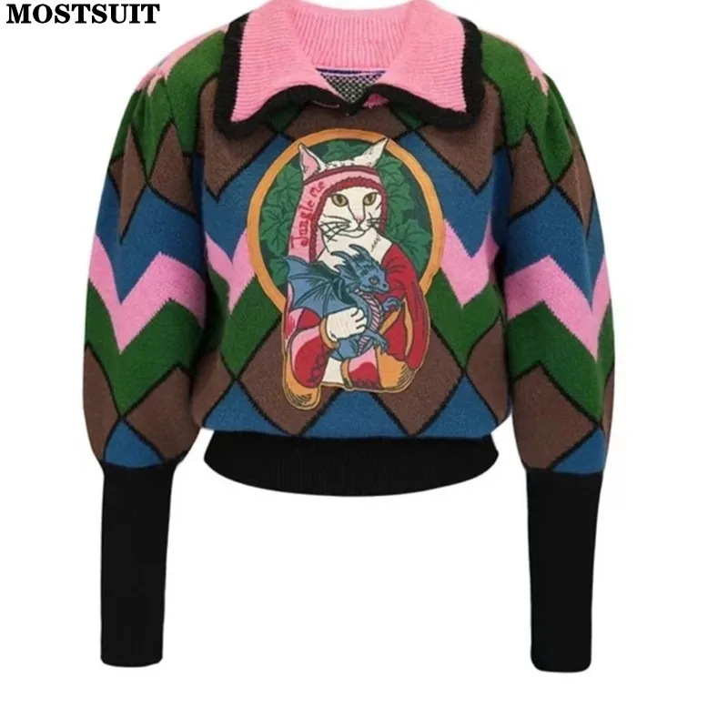 

Vintage Stylish Argyle Knit Sweater Women Cartoon Embroidered Long Sleeve Pullover Tops 2024 Spring Long Sleeve Elegant Jumpers