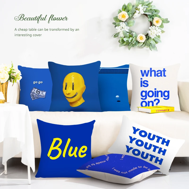

Nordic Blue Creative Patten Decorative Pillowcase for Sofa Short Plush Cushion Cover Home Decor Bedroom Throw Pillow Case