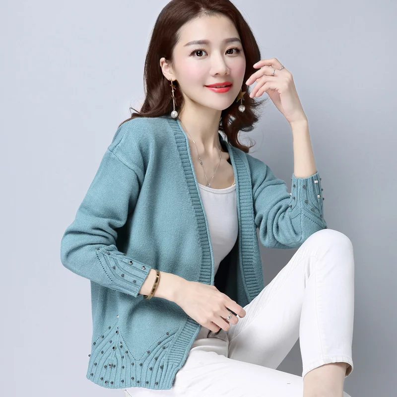 

2023 Women Knitted Cardigan Sweater Vintage V Neck Solid Color Knitwear Long Sleeve Jumper Tops Ladies Blue Purple