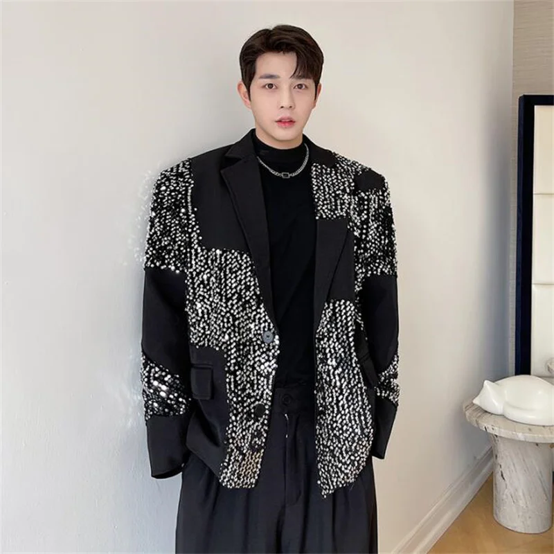 Shiny sequins blazers mens suits stitching contrast color male singer nightclub stage costumes black abiti da cerimonia uomo