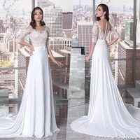 elegant a line scoop wedding dress 2022 sexy half sleeve lace appliques bridal gown illusion backless beading pearl button train