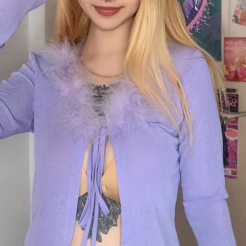 Купи Purple Fur Collar Stitching Long-sleeved Short Top In The Spring New Solid Color Slim Straps T-shirt Sexy Sweet Babes Costumes за 420 рублей в магазине AliExpress