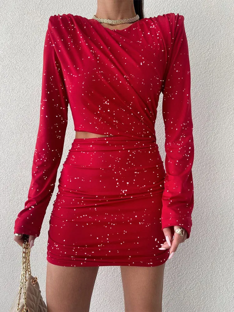 

Платье-мини женское Плиссированное с длинным рукавом и круглым вырезом