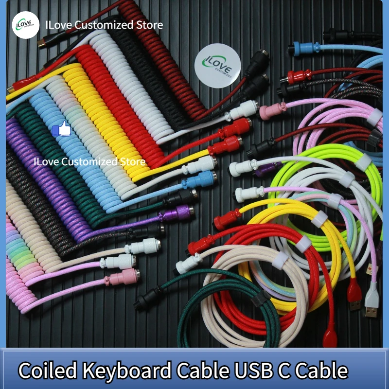 Coiled Keyboard Cable USB C for Mechanical Gaming Keyboard Double-Sleeved Wire with Detachable Metal Aviator Connector Charging