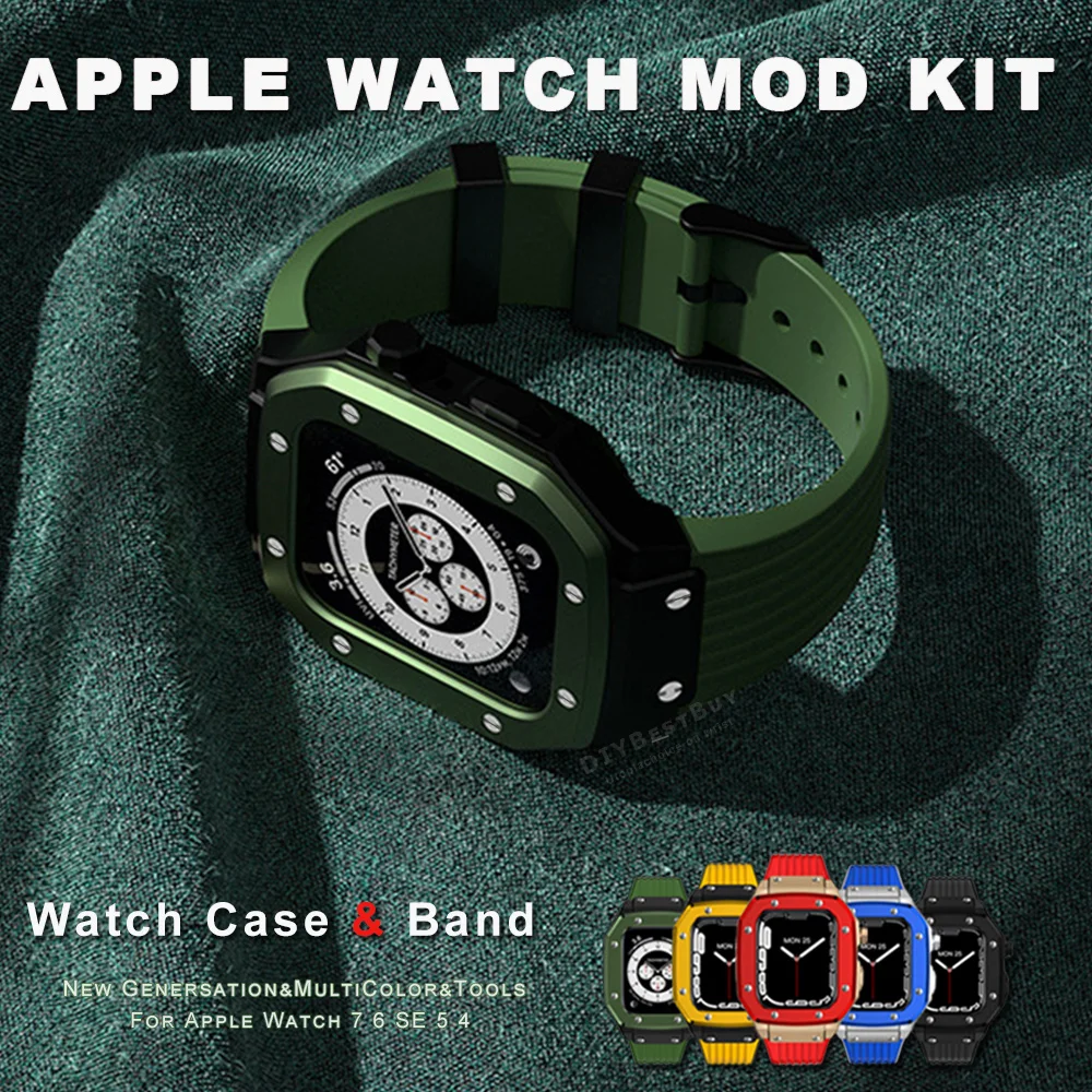 

Роскошный модифицированный комплект для Apple Watch, чехол, ремешок 45 мм 44 мм, рамка, резиновый ремешок, аксессуары для IWatch Series 7 6 SE 5 4