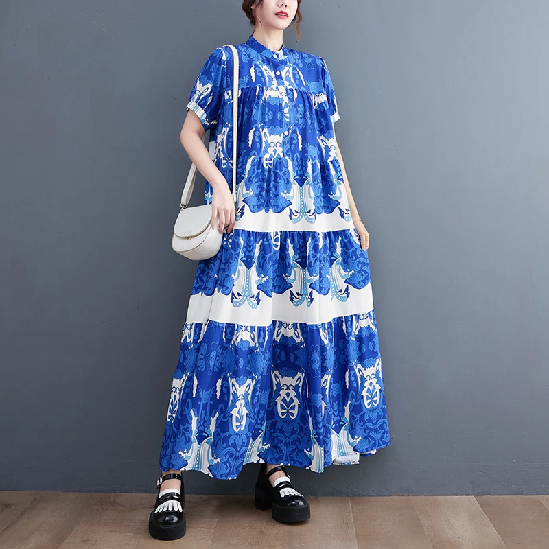 

Floral Printed Patchwork Womens Loose Summer Dress Girls Travel Casual Loose Fit Maxi Skirts