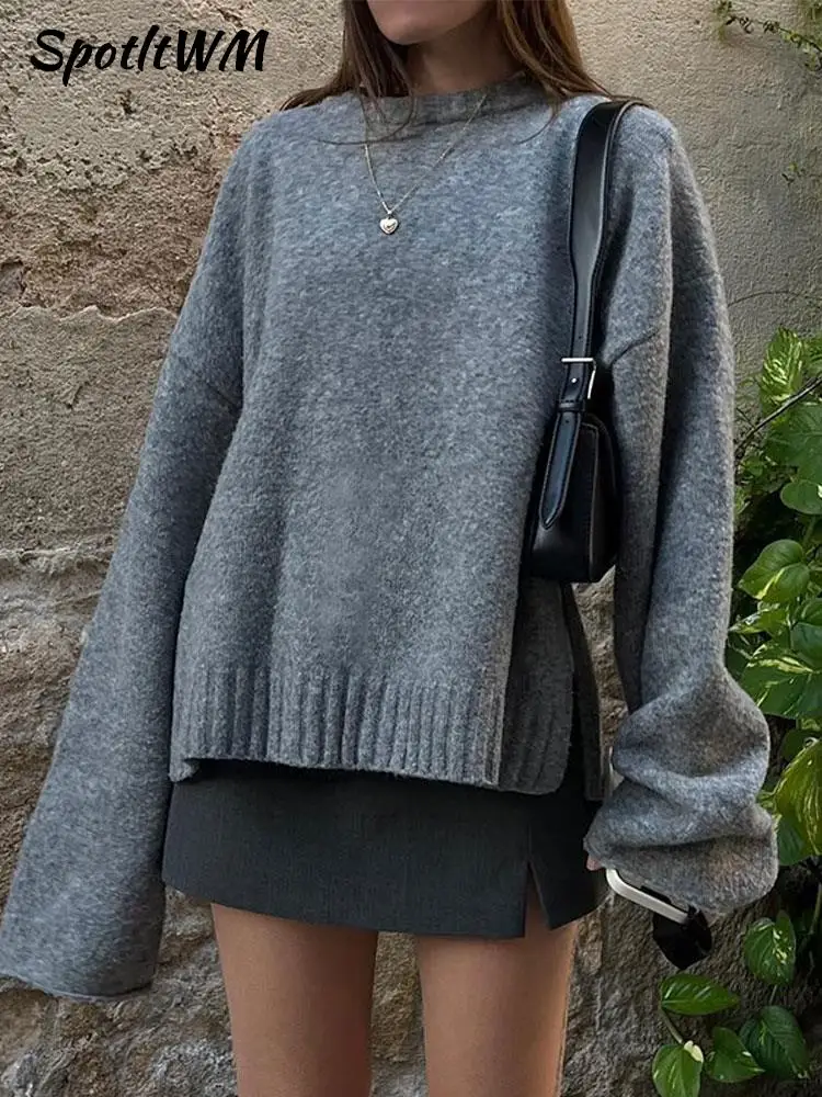 

Women Casual Solid Knitted Pullover Fashion O Neck Autumn Street Gray Sweater 2023 Female Vintage Elegant Warm Knit Outerwear