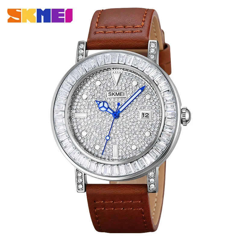 Skmei Special Interest Light Luxury  round Diamond Leather Belt Quartz Watch Fashionable High-Grade Waterproof Women's Watch images - 6