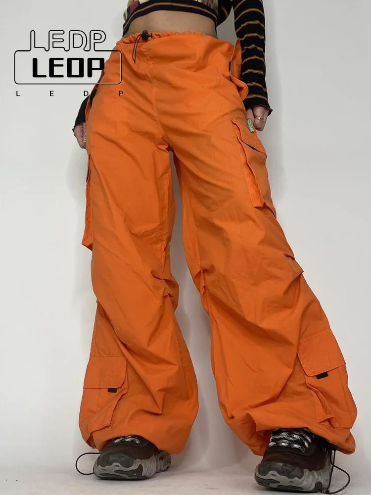 

LEDP Orange Loose Pants Streetwear Harajuku Wide Leg Cargo Pants Women's Y2K Oversized Low Waist Pocket Hippie Jogger Pants