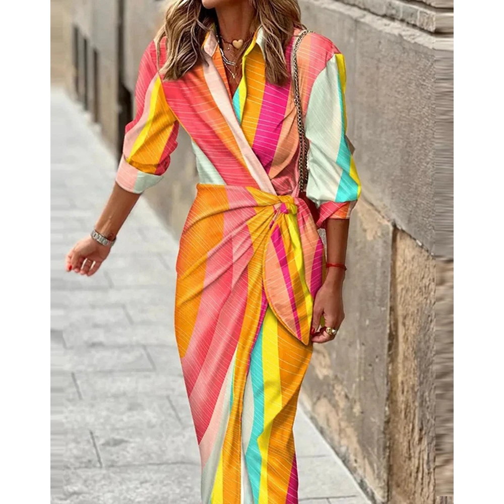 

Casual Women Striped Print Lace Up Maxi Shirt Dress Summer Fashion Femme Long Sleeve Dress Casual Lady Workwear Clothing