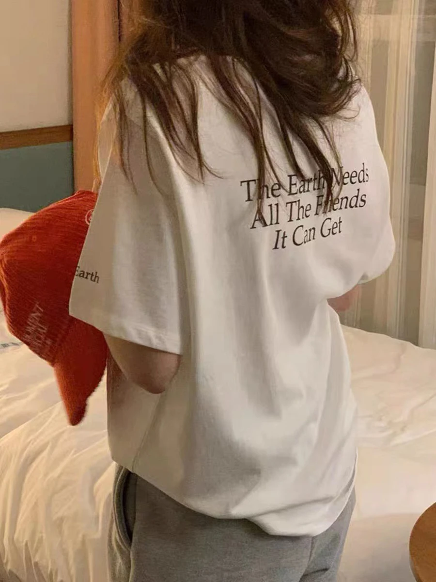 

Letter Printed Cotton T-Shirt Summer Womens Clothing 2022 O Neck Simple Basic Tees Femme Casual Fashion Shirt Shorts Tops Retro