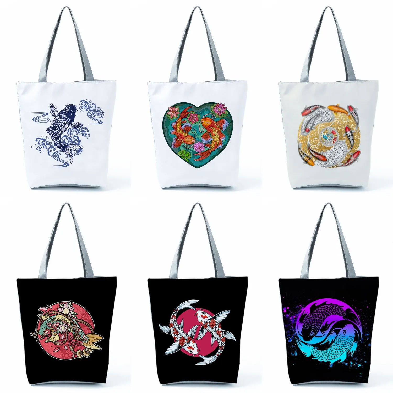 

Ladies Colorful Koi Handbag Customized Fish Pattern Designer Logo Shopping Bags Cartoon Animal Printed Shoulder Bag Eco Reusable