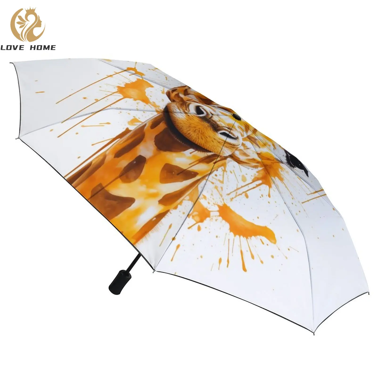 

Giraffe 3 Fold Auto Umbrella Hyper Artistic Ink Drawing Portable Umbrella Wind Proof Black Coat Umbrellas for Men Women