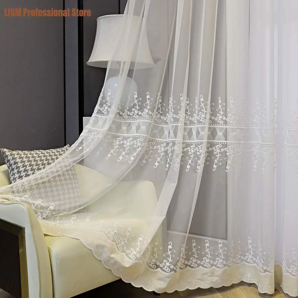 

Curtains for LivingRoom White Floral Sheer Embroidered Flower Velvet Bottom Lace Voile Organza Gazebo Sliding Door Panel Drapes