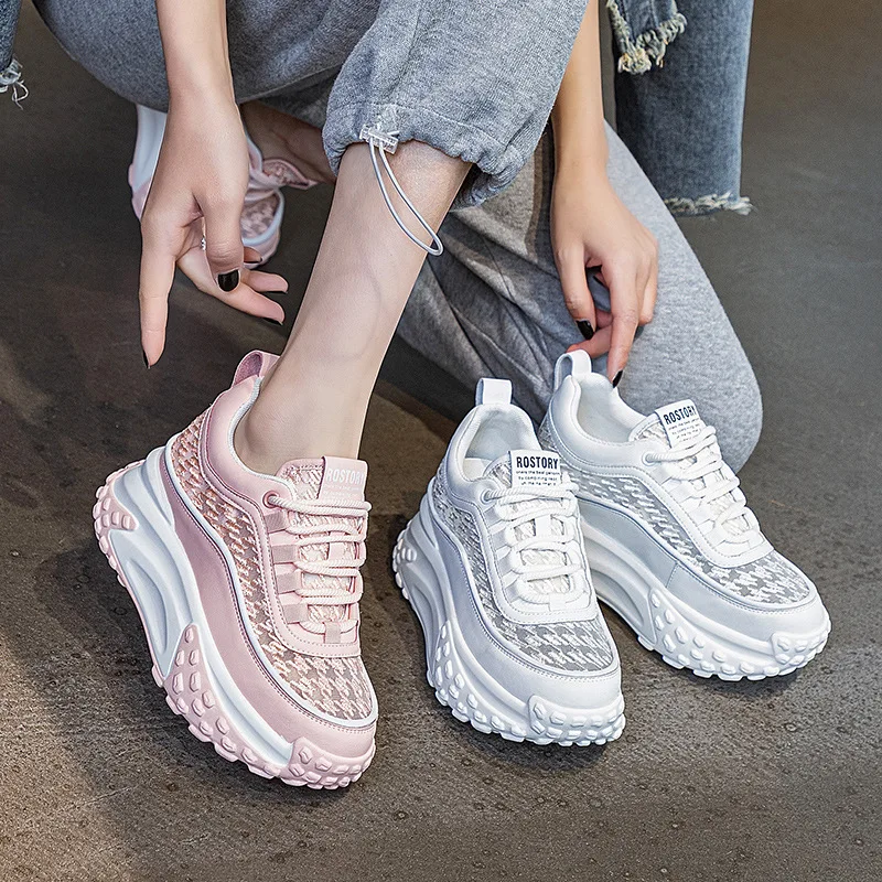 2023 Air Mesh Fashion Genuine Leather Comfy High Brand Breathable Shoes Chunky Sneaker Spring Summer Platform Women Wedge Shoes