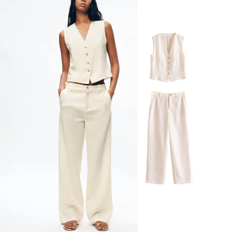 

TRAF Women Two Pieces Sets 2023 New Fashion Linen Vest Casual Long Pants Women's Suit Summer 2 Piece Set Womens Outfits