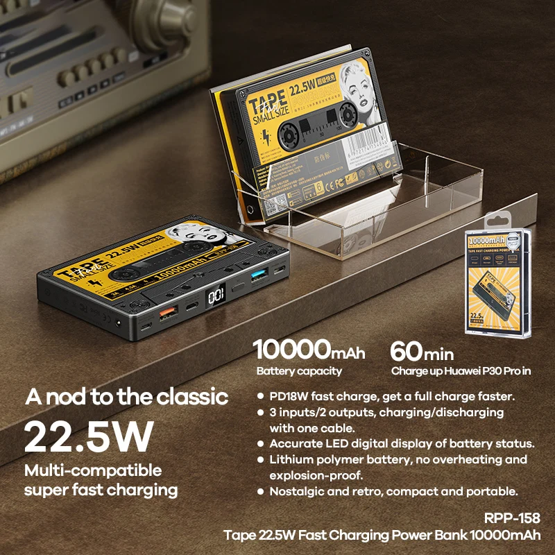 Remax 10000 мАч PD18W + QC22.5W мини внешний аккумулятор с цифровым дисплеем в стиле ретро