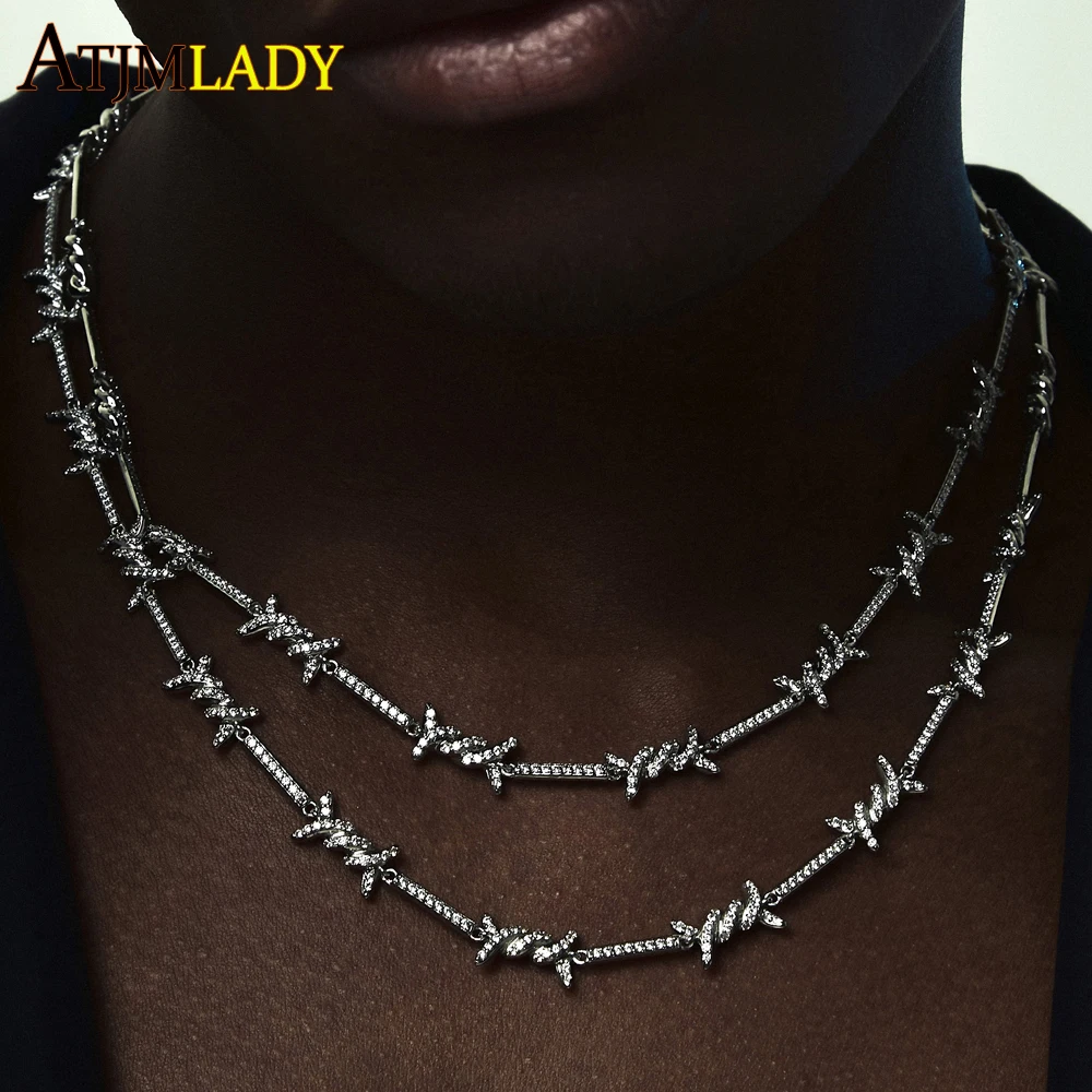 

Micro Pave Cz Barbed Wire Link Chain Choker Necklace Full Paved Bling 5A Cubic Zirconia Iced Out Hip Hop Men Boy Women Jewelry