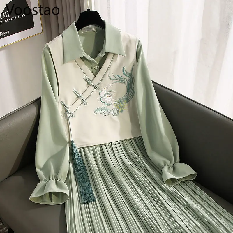

Spring Autumn Women M-4XL Hanfu Set Chinese Style Elegant Floral Embroidery Long Sleeve Vest Dress Female Vintage Two Piece Suit