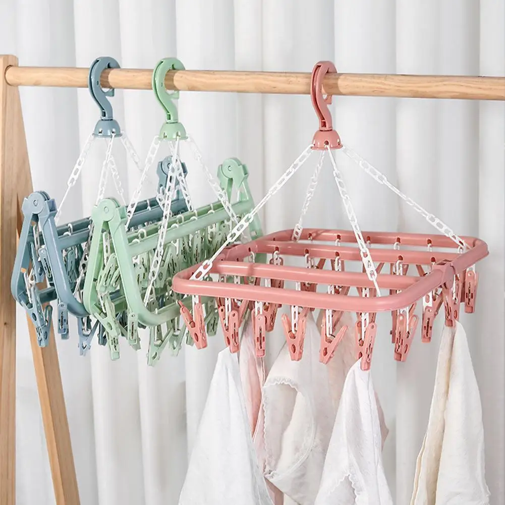 

32 Clips Folding Clothes Dryer Hanger Windproof Socks Underwear Drying Rack Household Children Adults Storage Laundry Rack