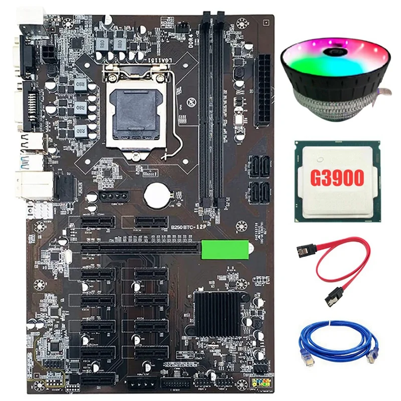 

Материнская плата B250 BTC для майнинга LGA 1151 DDR4 SATA 3,0 USB 3,0 с охлаждающим вентилятором + процессор G3900 для графической карты ETH Miner