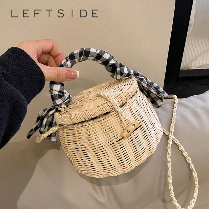 

Summer Women Mini Weave Straw Tote Bag 2023 New Travel Handmade Lady Rattan Bucket Handbags with Ribbons