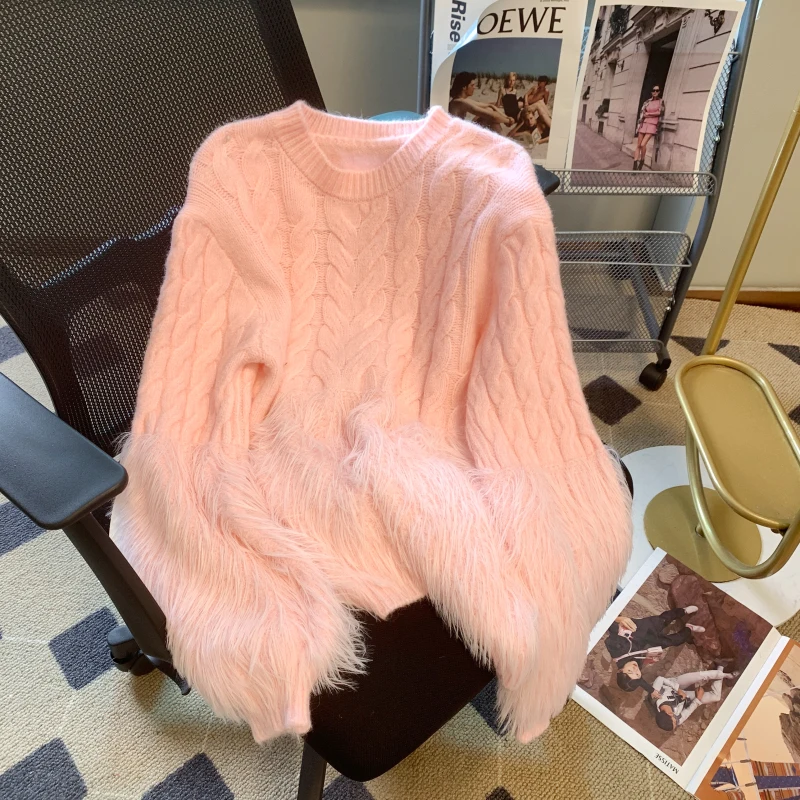 

Женский утепленный свитер с кисточками, свободный трикотажный пуловер составного кроя с длинными рукавами, зима 2022