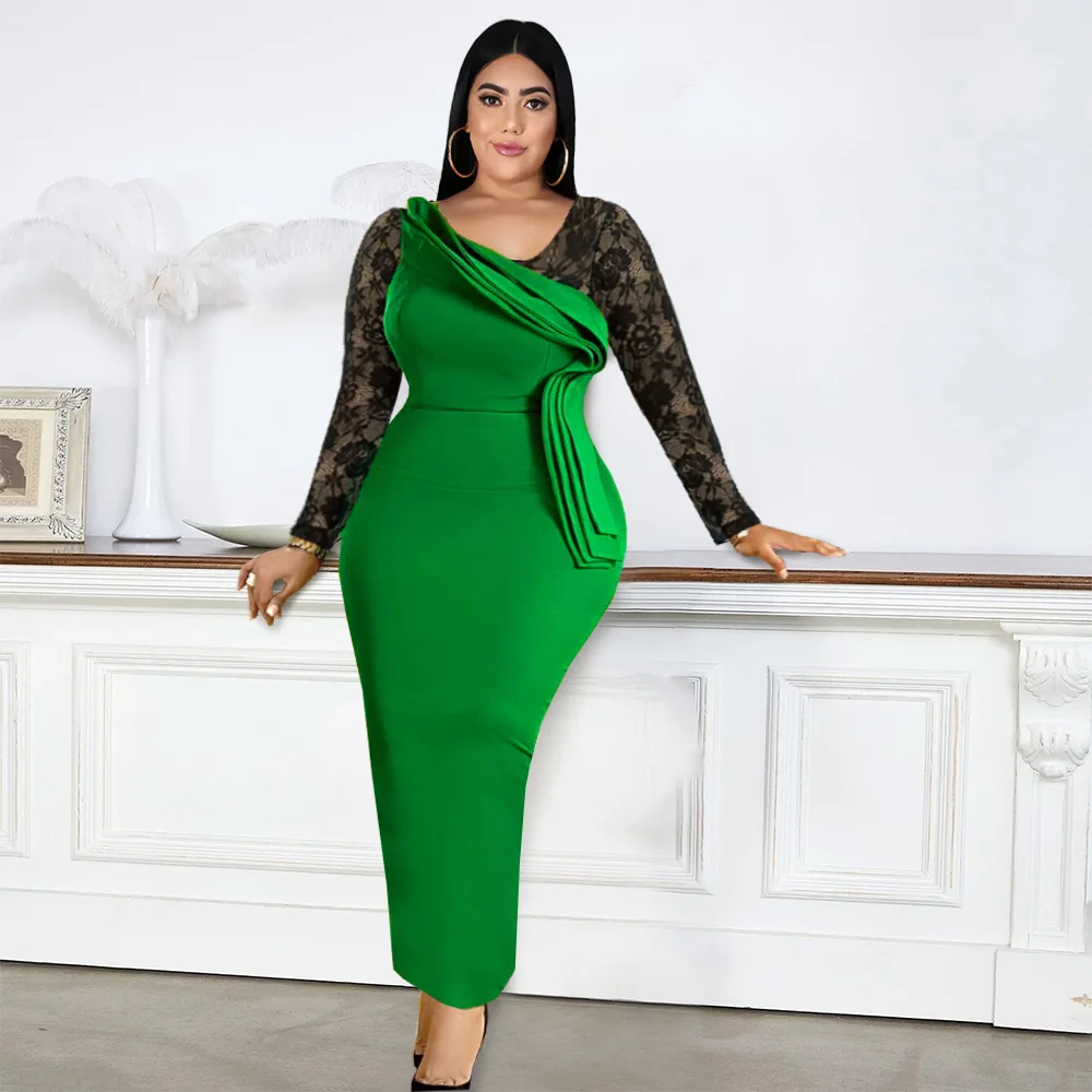 

Женское вечернее платье-карандаш, элегантное черное кружевное Сетчатое облегающее зеленое платье с длинным рукавом и баской в африканском стиле, 2023