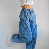 loose casual jeans women big pocket y2k retro pants korean mom jeans elastic waist wide leg cargo denim pants oversize bottoms