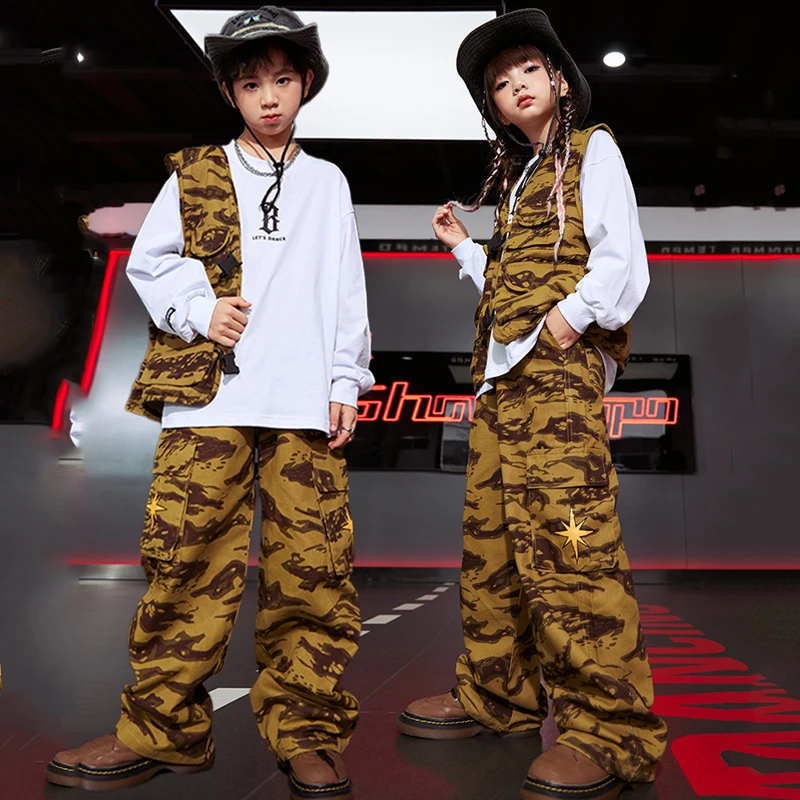 

Ballroom Hip Hop Dance Costumes For Kids Loose Camouflage Hiphop Suit Girls Jazz Dancing Outfits Boys Performance Wear DQS14275