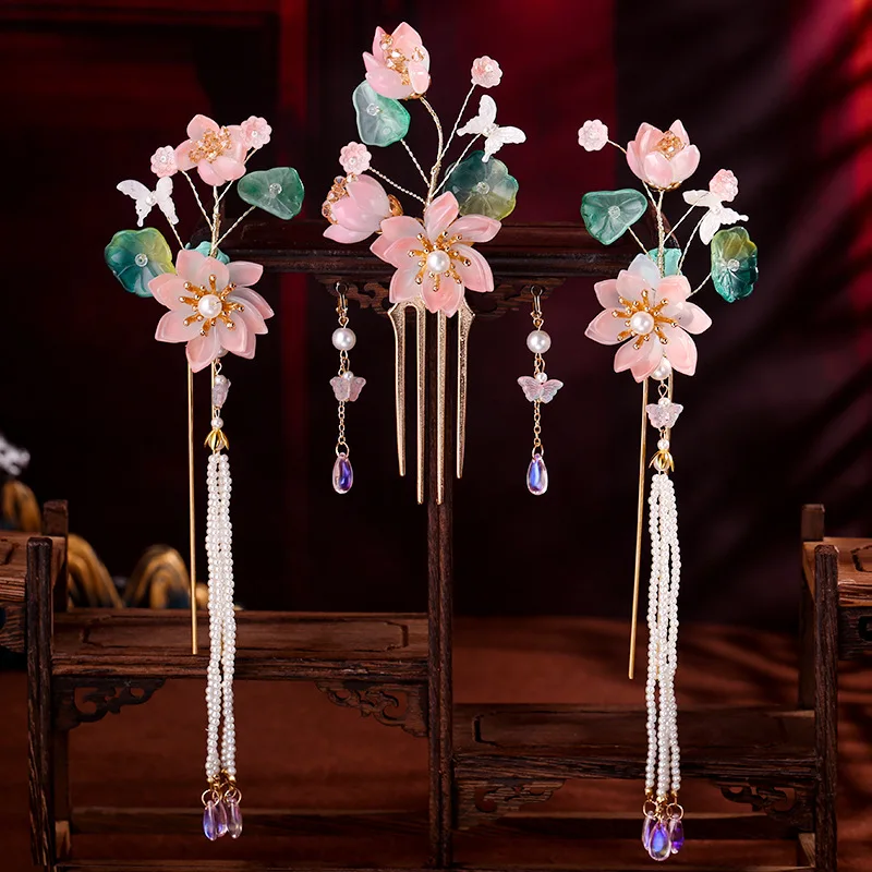 Повязка на голову Hanfu в китайском стиле с кисточками и кристаллами форме цветка