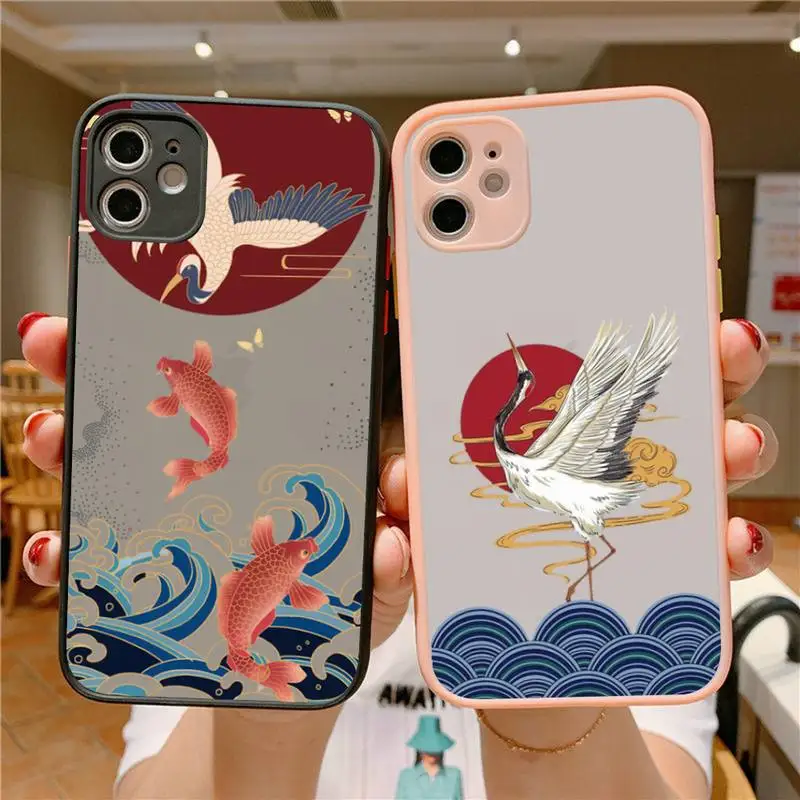 

YNDFCNB Crane and Koi Chinese style Phone Case for iPhone X XR XS 7 8 Plus 11 12 13 pro MAX 13mini Translucent Matte Case