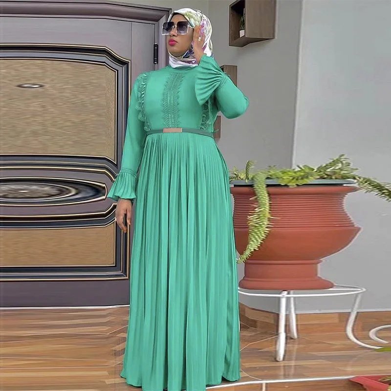 

Turkish Arab African Women Dress Long Skirt Ruffle Sleeve High Waist Israel Abaya Dubai Kimono Pleated Skirt Ethnic Costume New