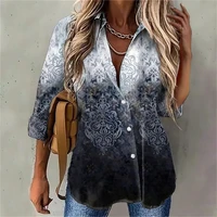 spring women vintage 3d tie dye floral printed long sleeve turndown collar buttons shirt ladies fashion casual loose blouse tops