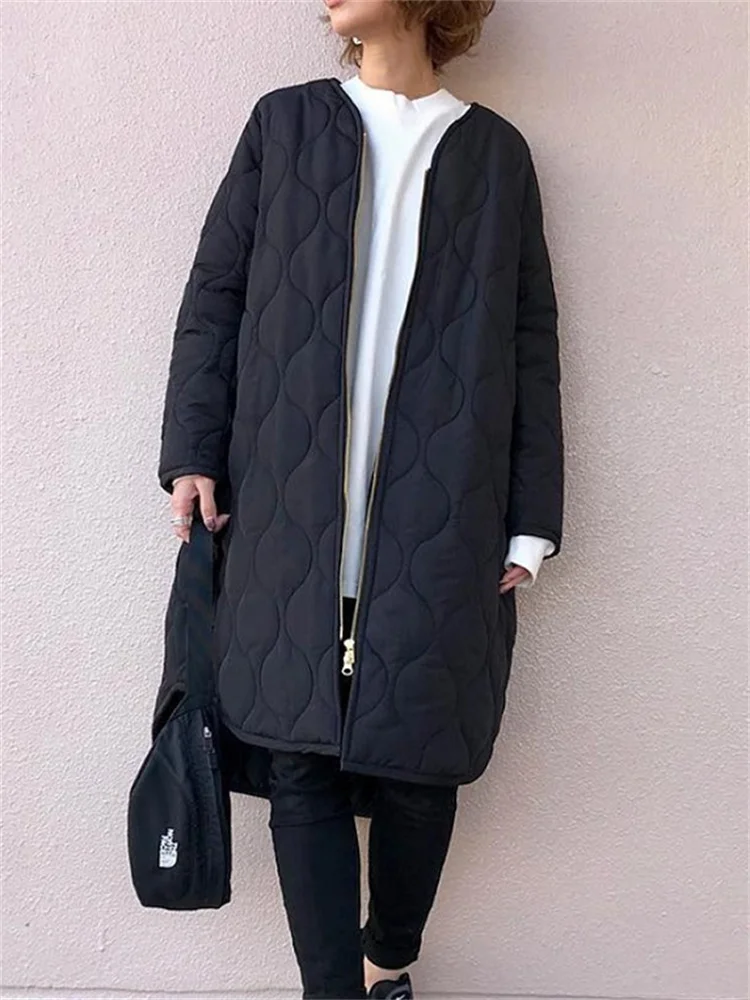 Women's Winter Jacket 2023 Zipper Green Loose Warm Plaid Top V-Neck Casual Streetwear Light Long Quilted Coats Female Cardigan