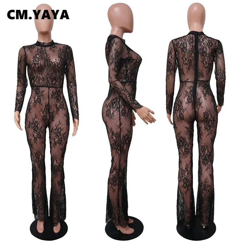 Сексуальное трикотажное Женское боди CM.YAYA с круглым вырезом черное кружевное