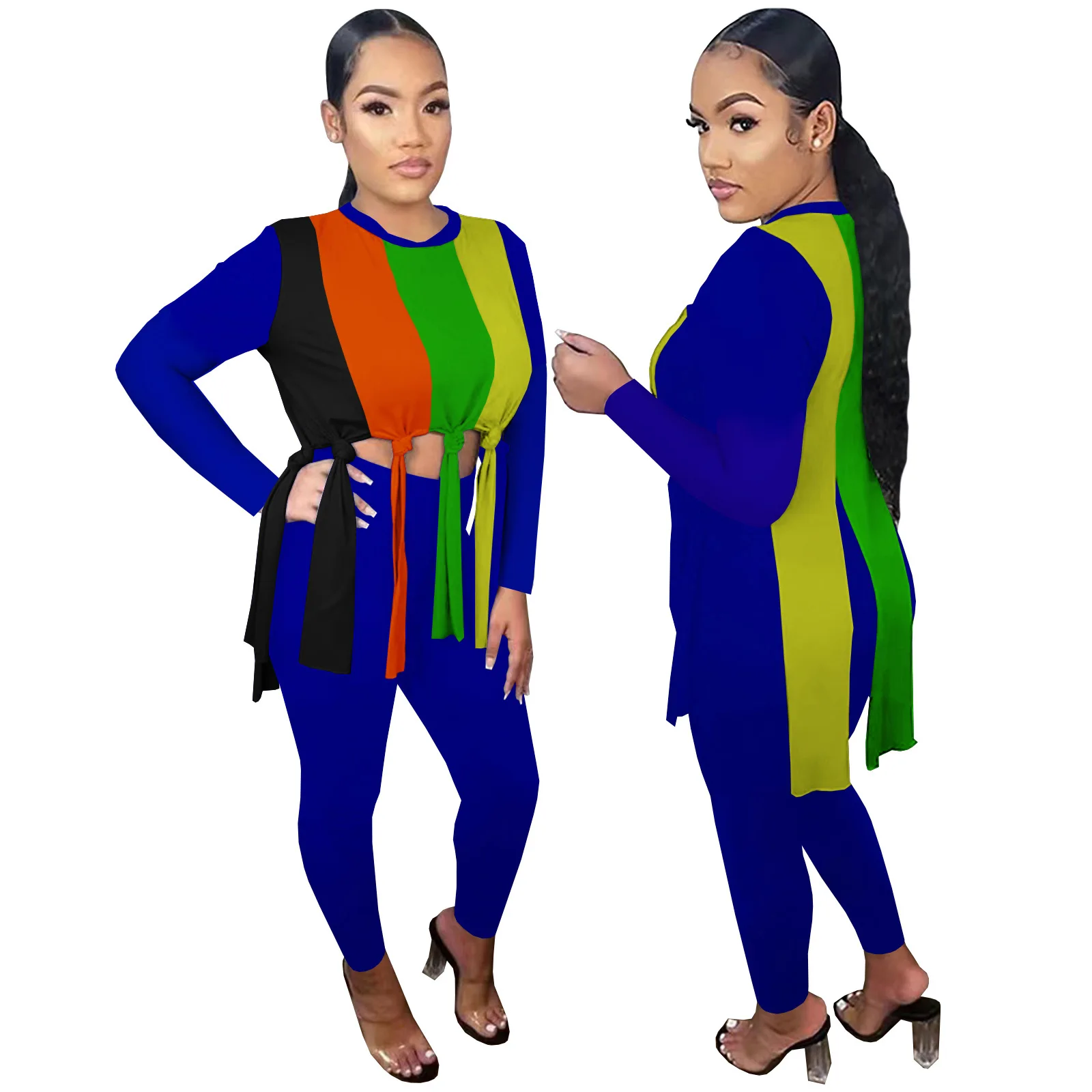 

Contrast Color Patchwork Two Piece Set Tassels Tie A Knot Pullover Long Pants Sweat Suit Casual Outfits For Women Loose Autumn