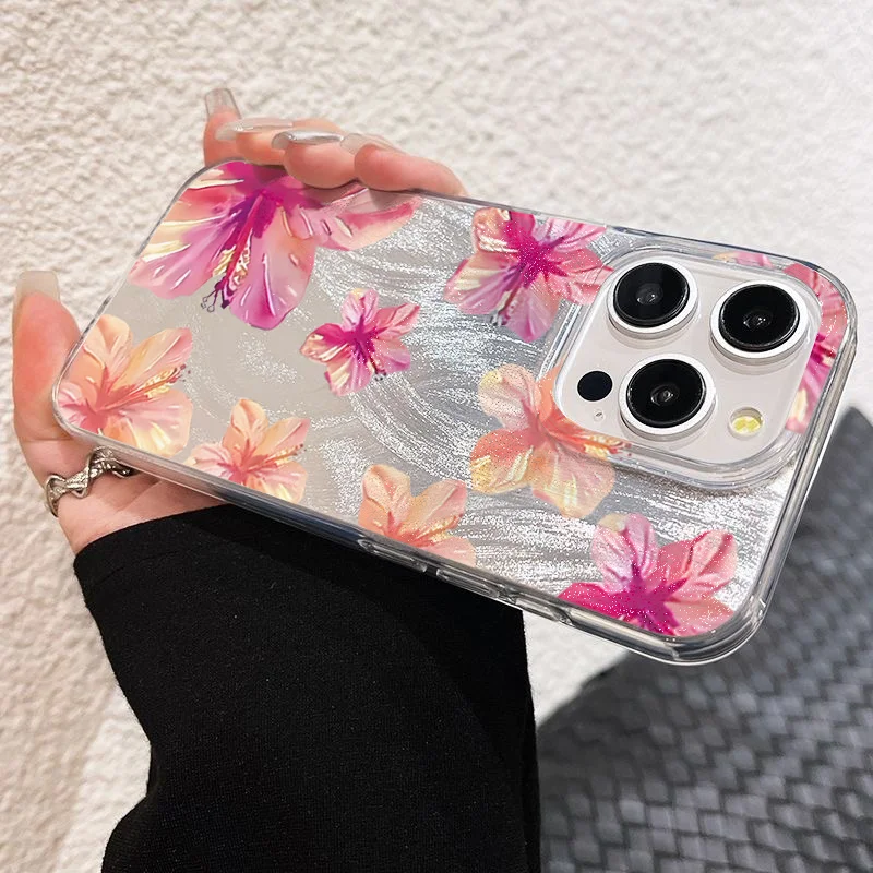 Фото Блестящий чехол для телефона для iPhone 17, 16, 15, 14, 13, 12, 11 Pro Max 16E 14 Plus 17 Air CWatercolor Hibiscus Flower Pattern Hard Cover №3