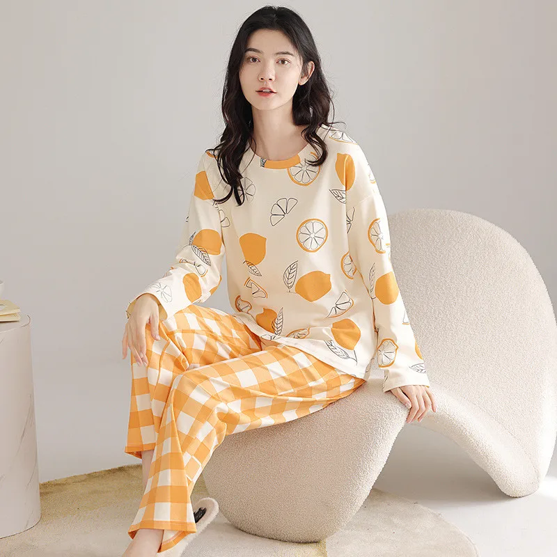 Cartoon Cute Long-Sleeved Cotton Pajamas Women Spring Autumn New Ladies' Housewear Suit Comfortable Casual Pijama Mujer